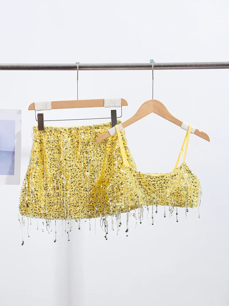 Cropped Vest And Mini Skirt Set With Sequin Tassels