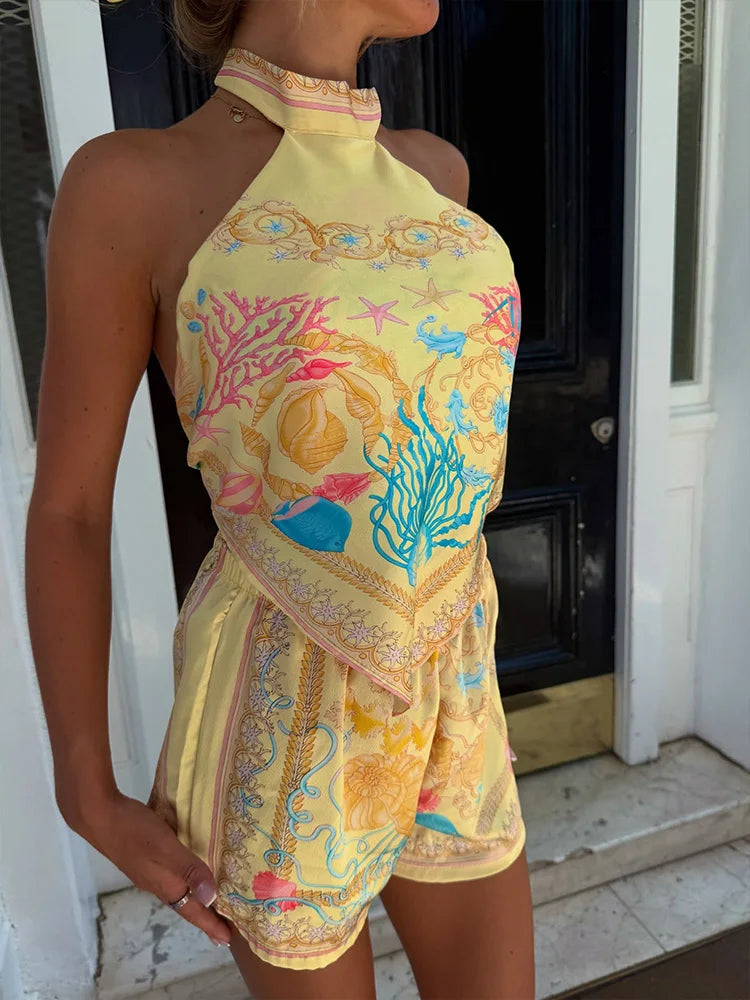 Halter Top And Knit Shorts Set With Sculpted Silhouette