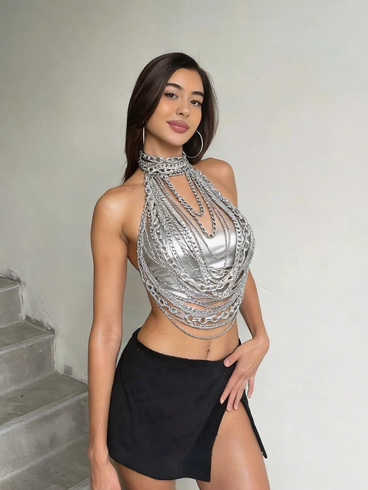 Silver Chain Halter Sequin Layer Vest