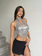 Silver Chain Halter Sequin Layer Vest