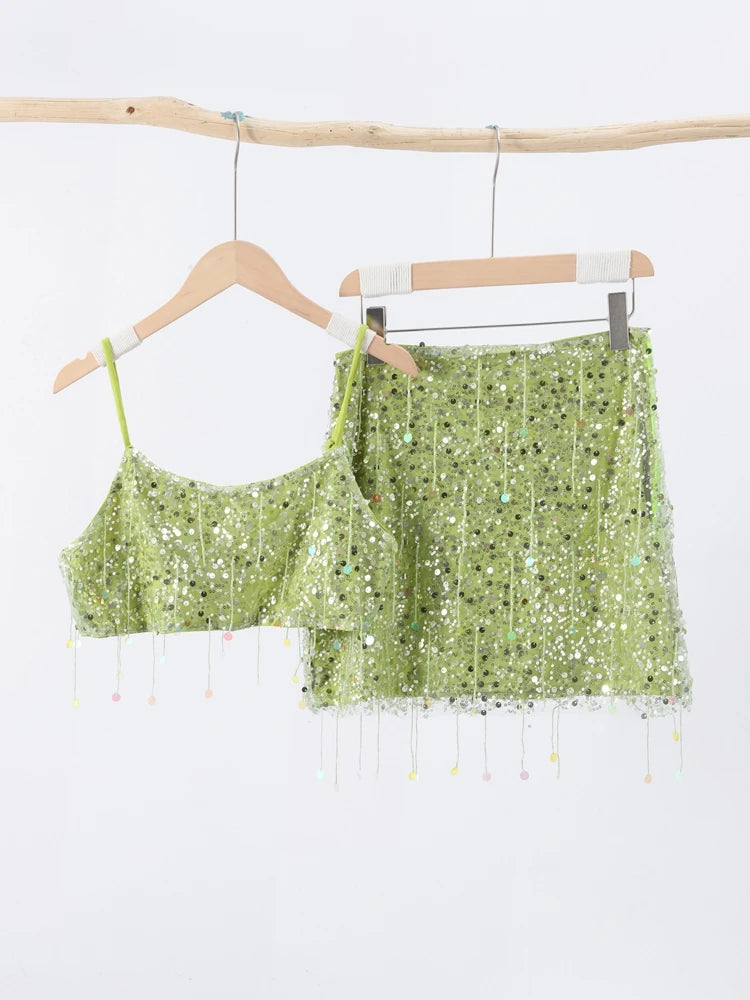Cropped Vest And Mini Skirt Set With Sequin Tassels