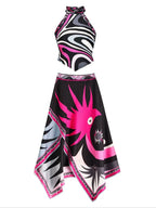Two Piece Ruched Nylon Halter And Flowing Skirt Set