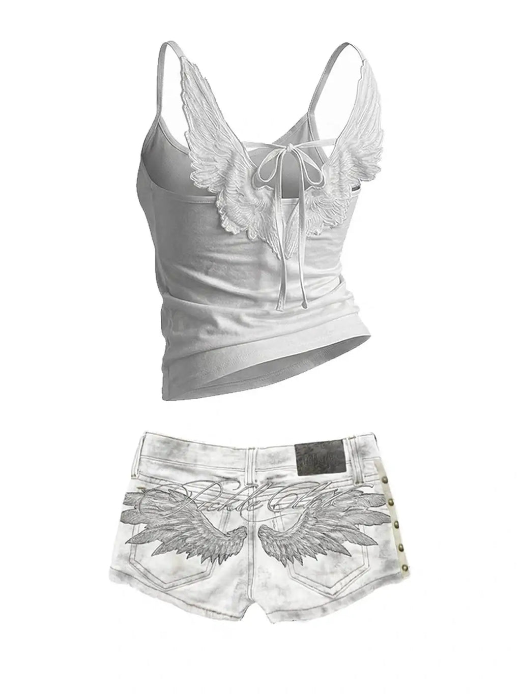 Denim Two Piece Set With Embroidered Angel Wing
