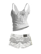 Denim Two Piece Set With Embroidered Angel Wing