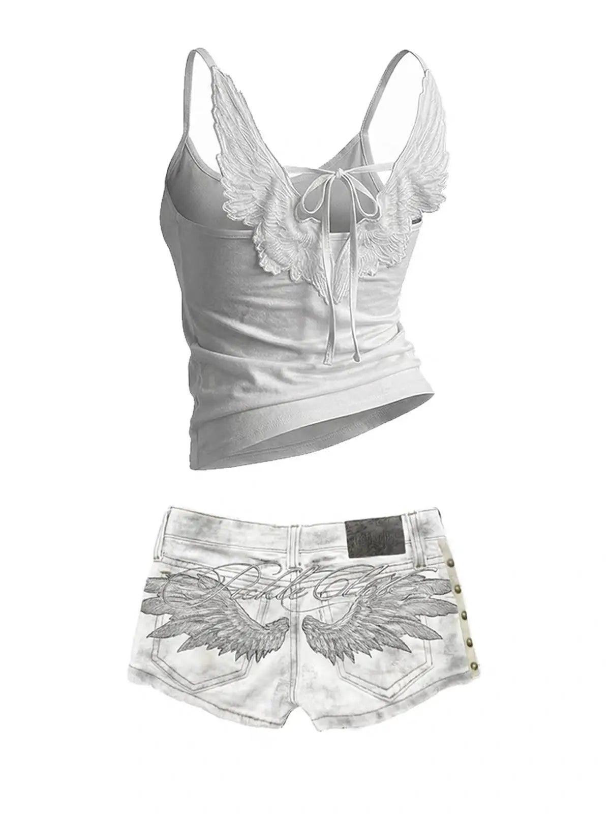 Denim Two Piece Set With Embroidered Angel Wing