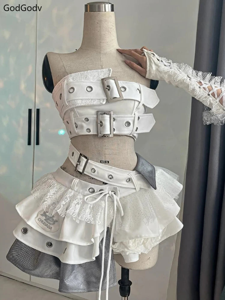 Two Piece Set With Vintage Strapless Crop And Ruffle Skirt