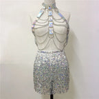 Leather Harness Sequin Skirt Set