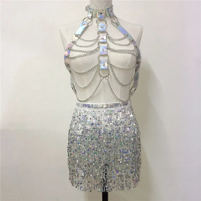 Leather Harness Sequin Skirt Set