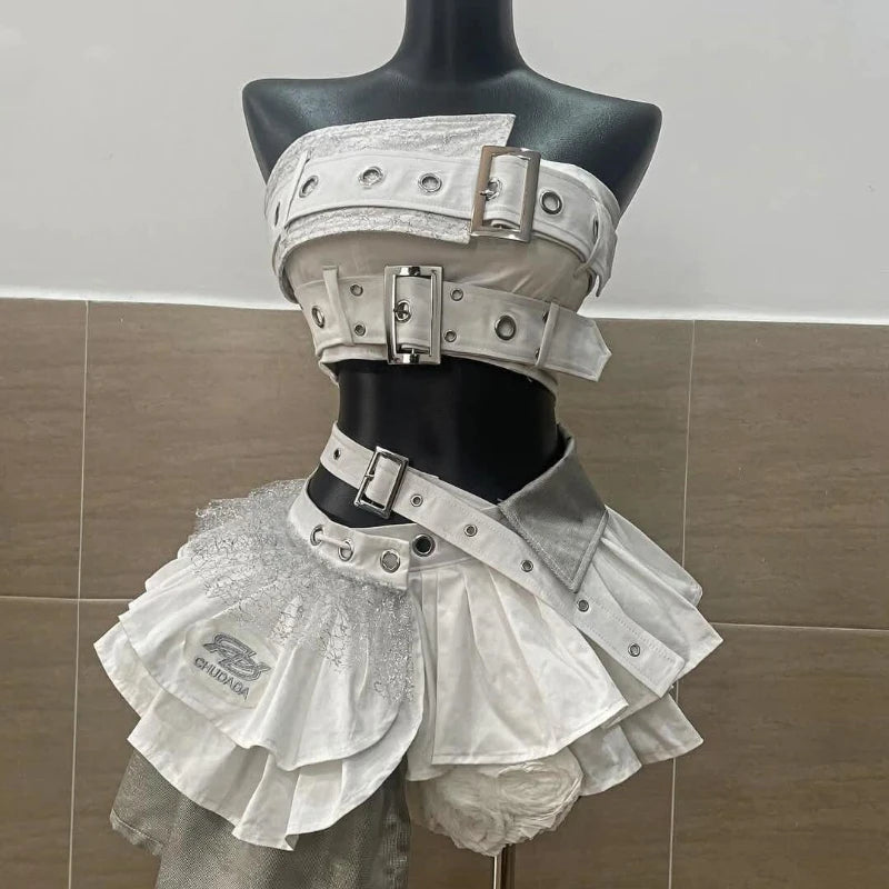 Two Piece Set With Vintage Strapless Crop And Ruffle Skirt