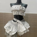 Two Piece Set With Vintage Strapless Crop And Ruffle Skirt