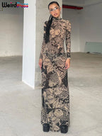 Mesh Print Turtleneck Maxi Festival Dress