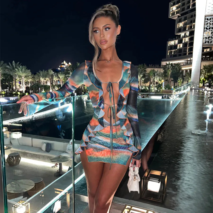 Mini Dress With Tie Dye, Mesh Panels And Ruffle Hem