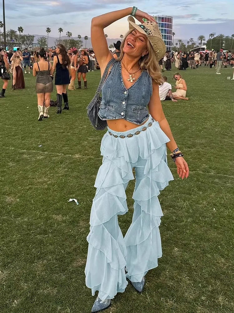 Patchwork Tiered Flare Pants