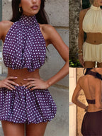Two Piece Backless Halter Set With Tailored Skirt
