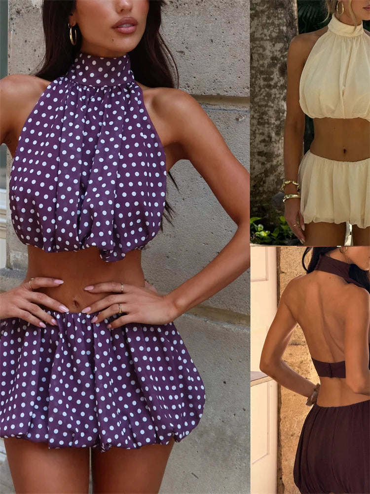 Two Piece Backless Halter Set With Tailored Skirt