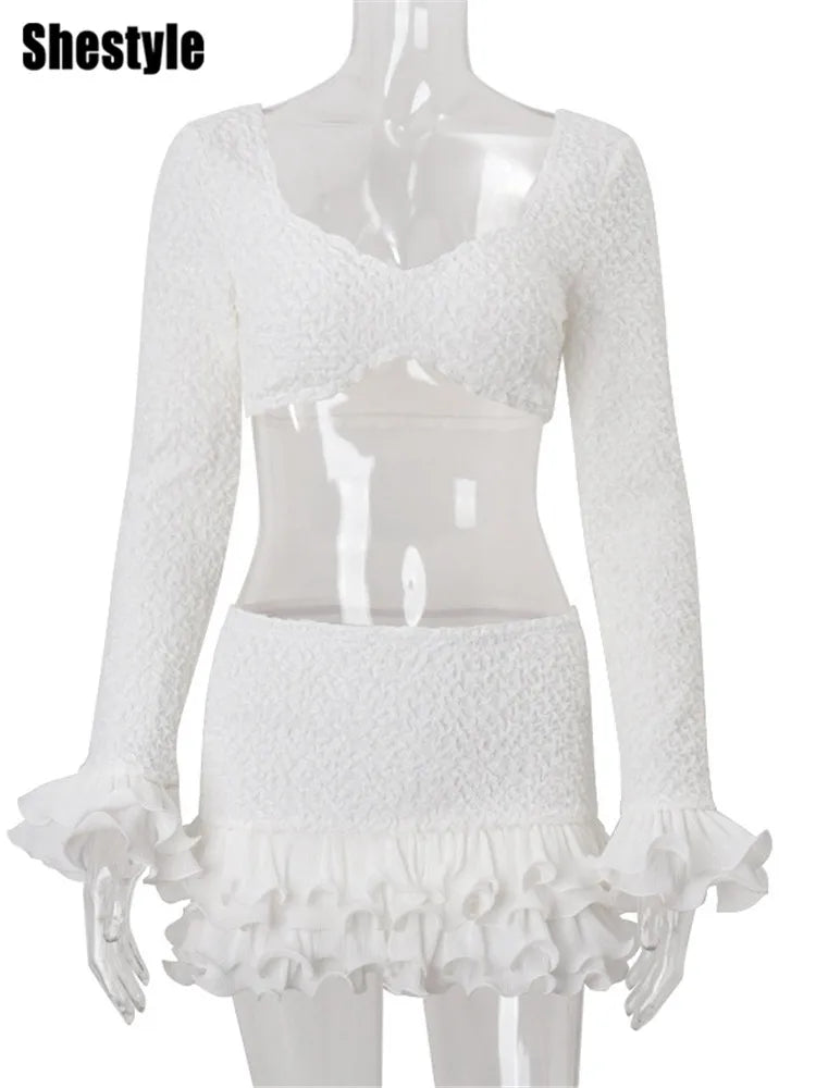 Two-Piece Set With Ruffle Crop Top And Asymmetric Skirt