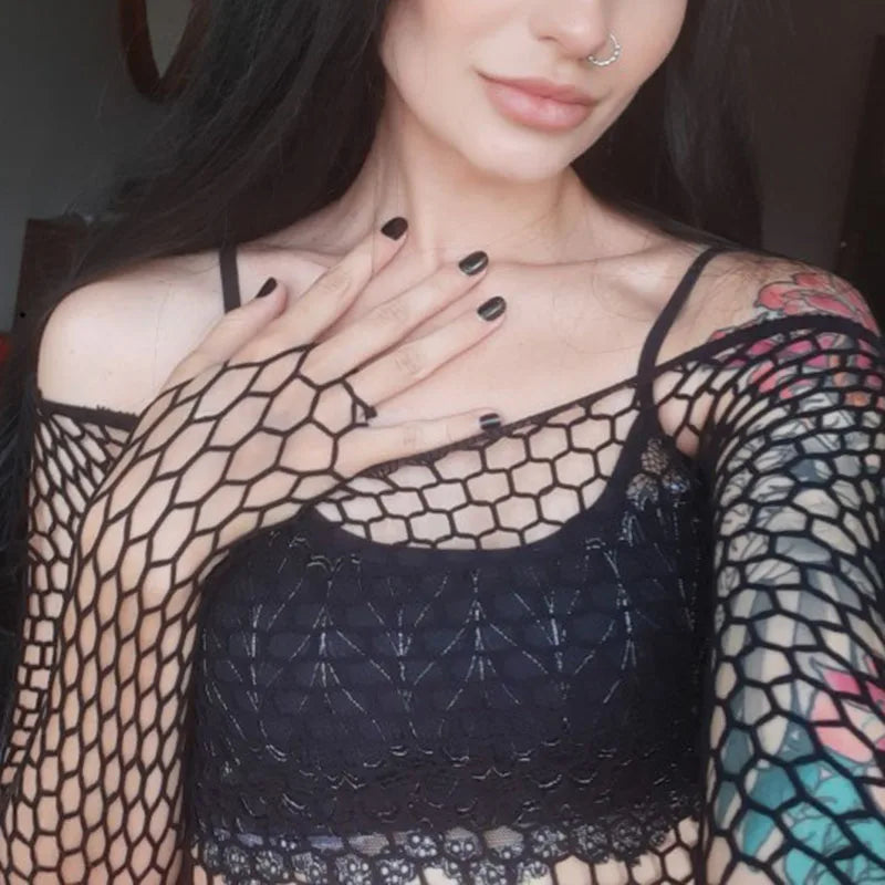 Sheer Mesh Fishnet Long Sleeve Top