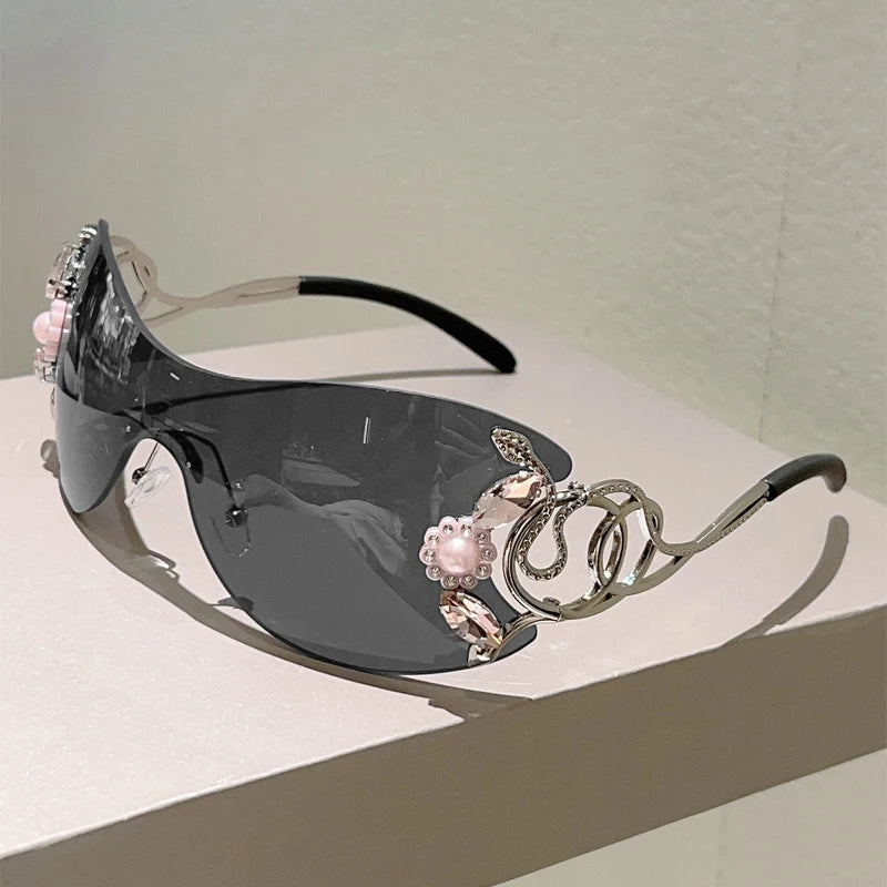 Rimless Sunglasses With Rhinestone Bridge And Gradient Lens