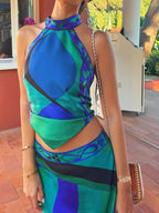 Two Piece Ruched Nylon Halter And Flowing Skirt Set