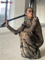 Mesh Print Turtleneck Maxi Festival Dress