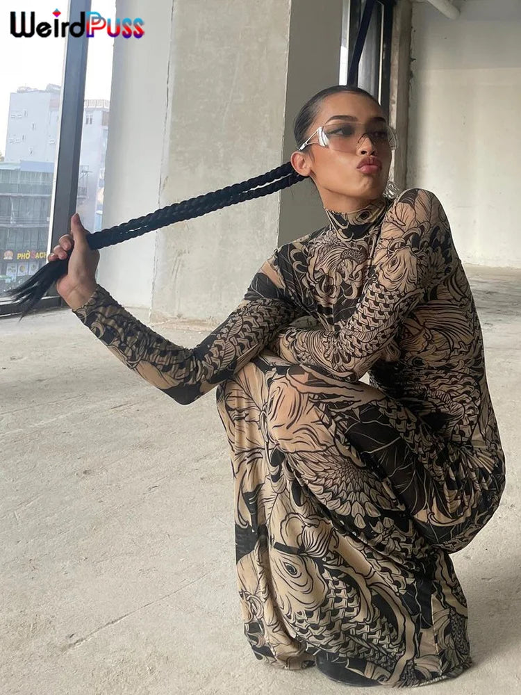 Mesh Print Turtleneck Maxi Festival Dress