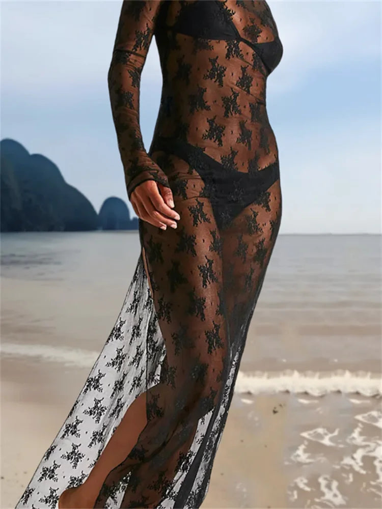 Sheer Lace Midi Long Sleeve Dress