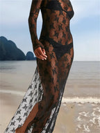 Sheer Lace Midi Long Sleeve Dress