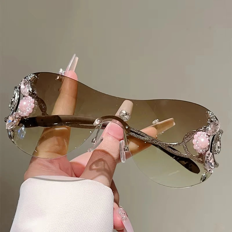 Rimless Sunglasses With Rhinestone Bridge And Gradient Lens