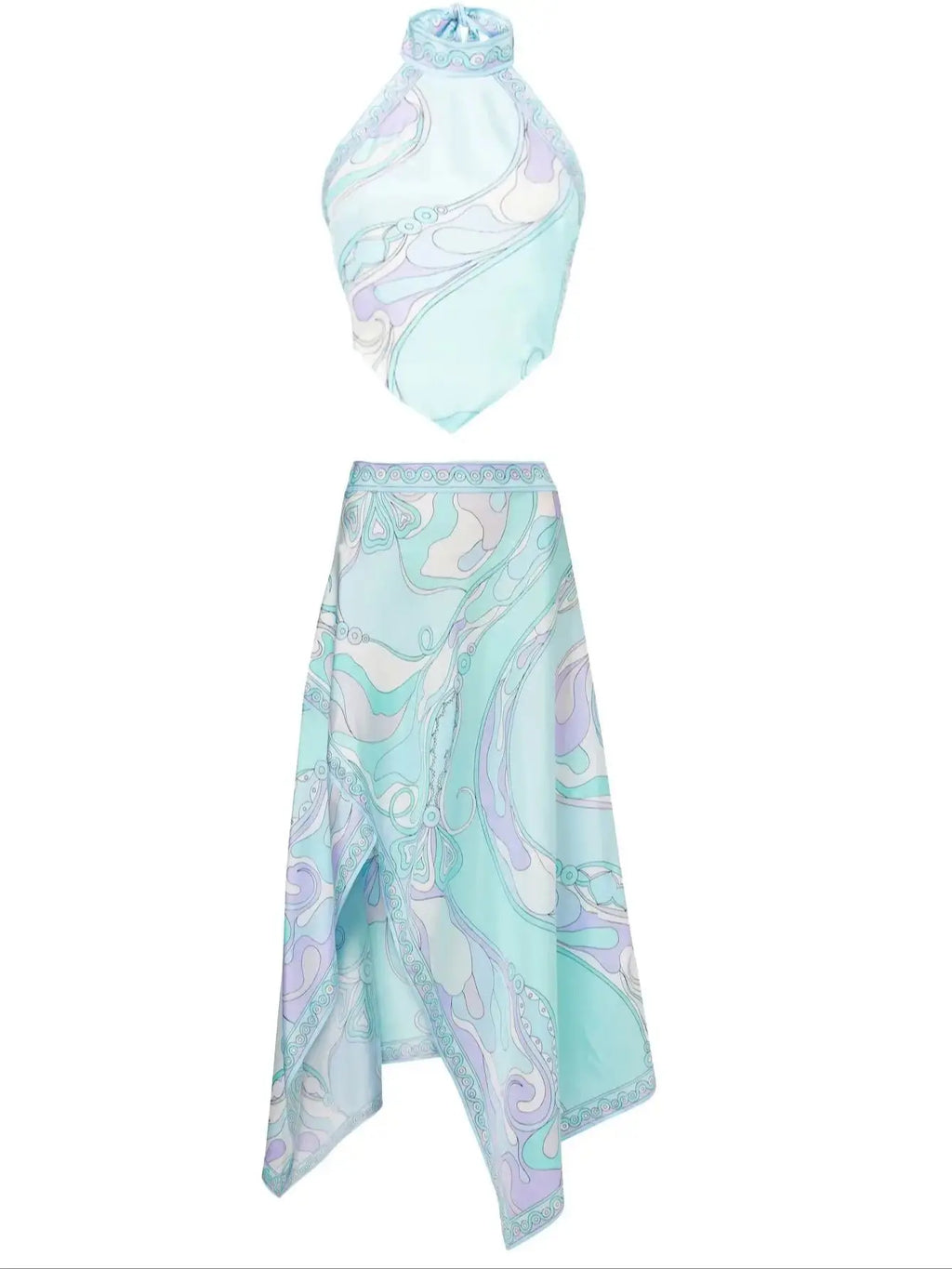 Two Piece Ruched Nylon Halter And Flowing Skirt Set