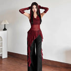 Sheer Mesh Oversleeve Top With Asymmetrical Ruffles