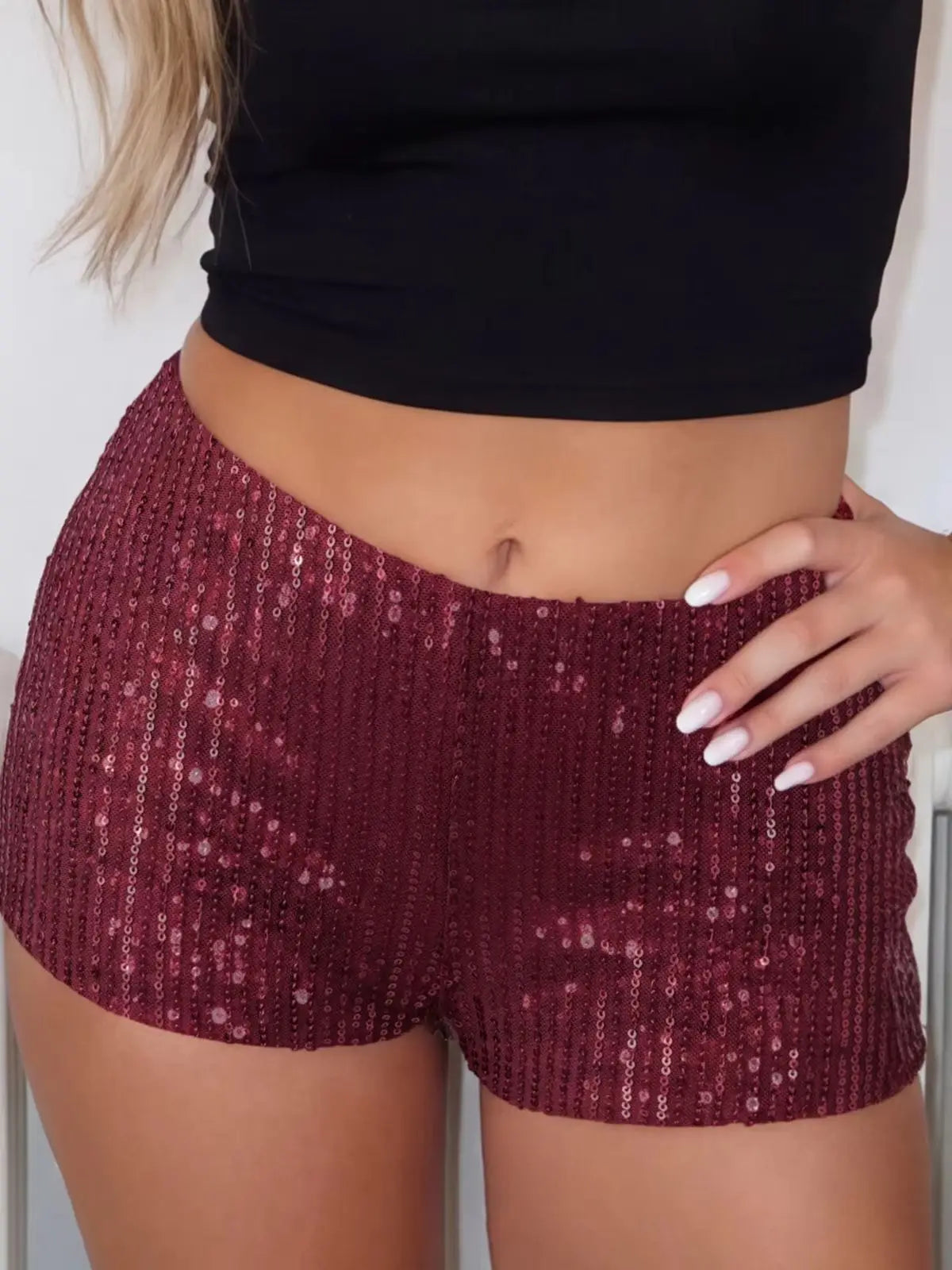 Sequin Shorts With High Shine Low Rise Elastic Waistband