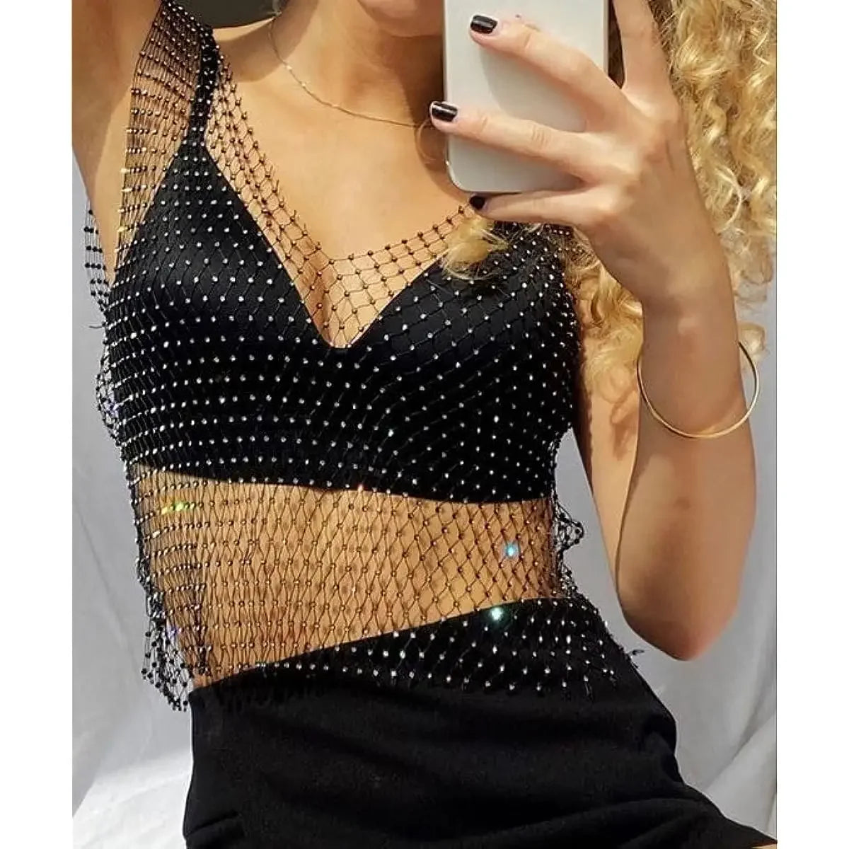 Crop Top With Sheer Fishnet Body And Rhinestone Trim