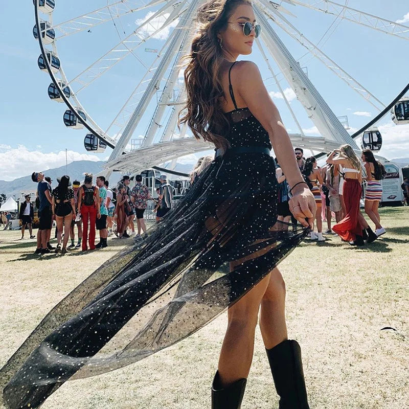 Sheer Mesh Sequin Mini Dress With Adjustable Suspenders