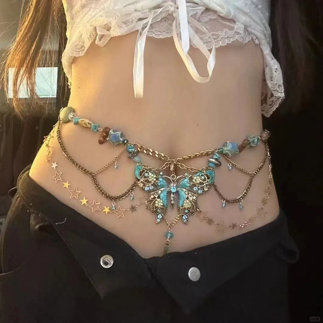 Waist Chain With Pearl Butterfly Pendants And Tassels