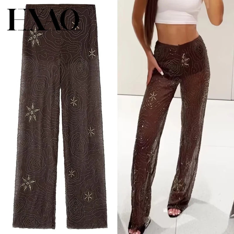 Dark Brown Sequin Sheer High Waisted Pants