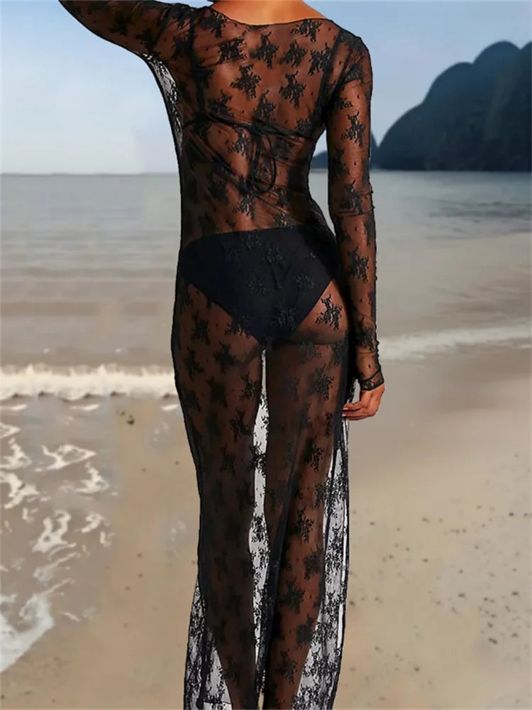 Sheer Lace Midi Long Sleeve Dress